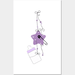 Hanging baby bottle, safety pin, star baby arrival Posters and Art